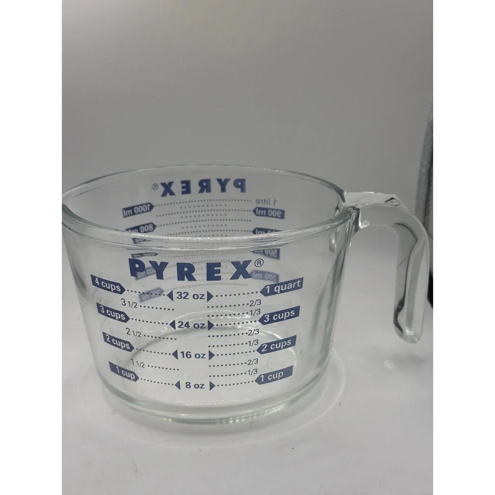 VTG Corning Pyrex 4 Cup Glass Measuring Cup Big 1 Quart Blue Lettering Made USA